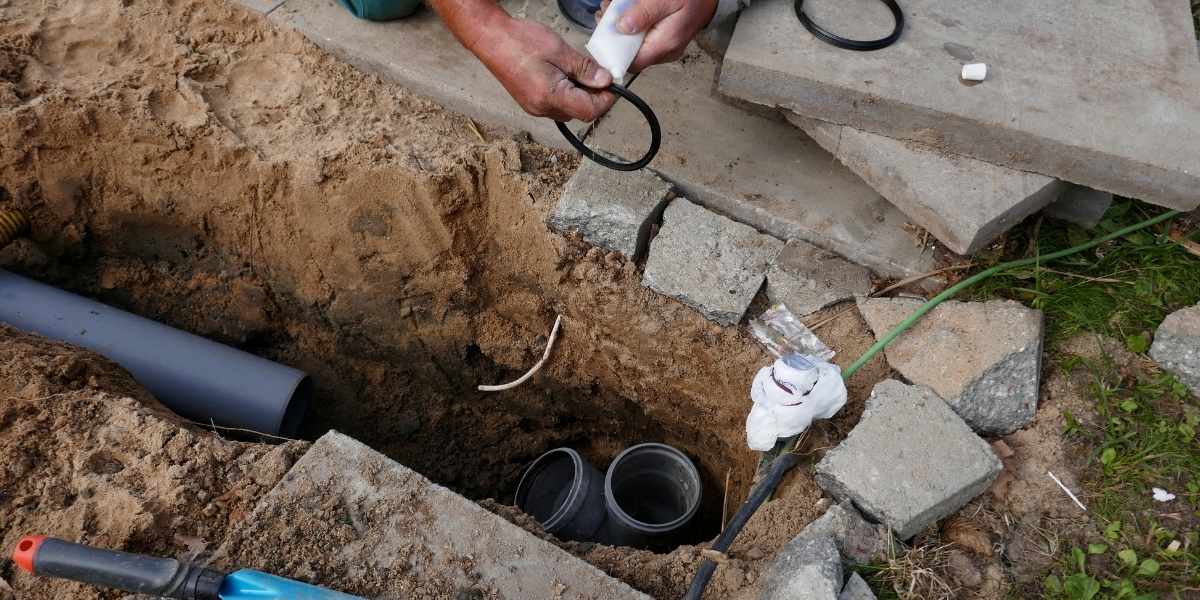 A worker fixing an underground pipe system, holding a rubber seal, near an open trench with visible pipes and concrete slabs around the area.